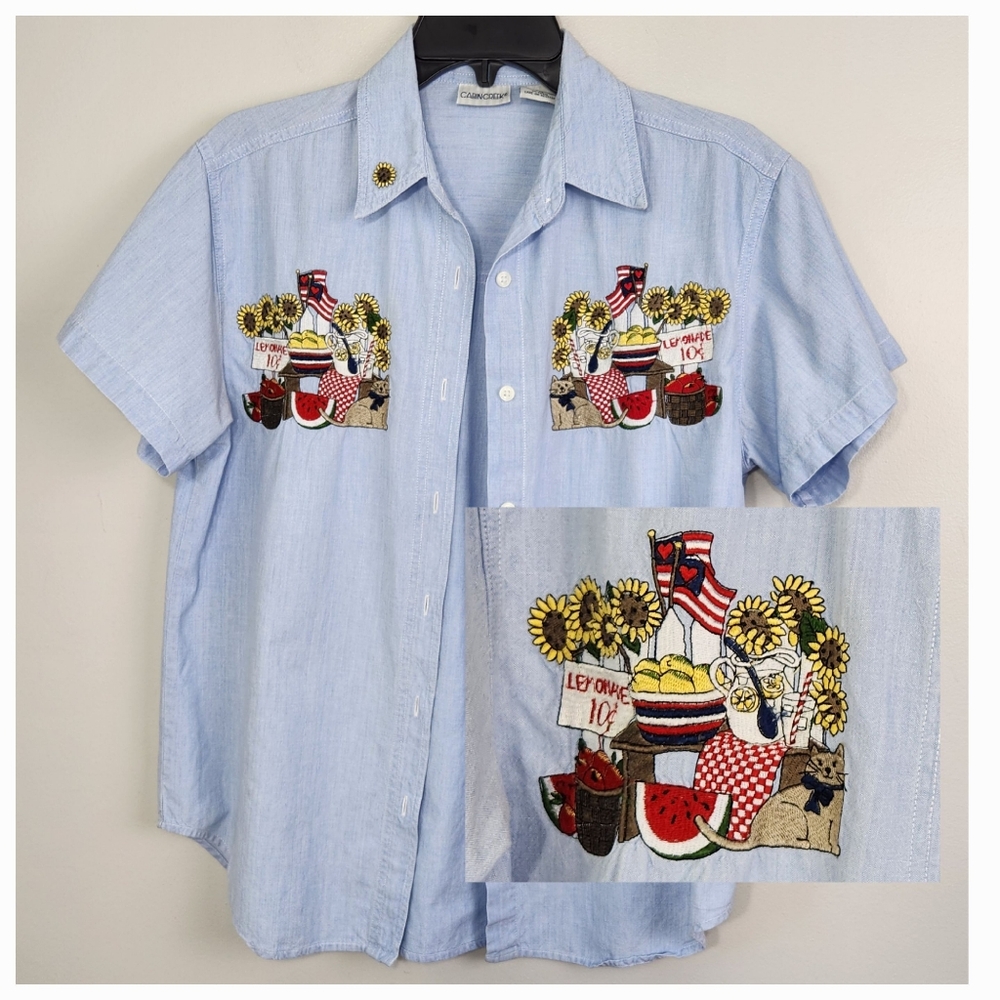 Cabin Creek Blouse Womens PMed Chambray Embroidered Short Sleeves Cat lady